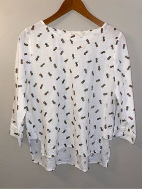 Ellison White Slub Linen Cotton Pineapple Print Blouse Shirt Medium